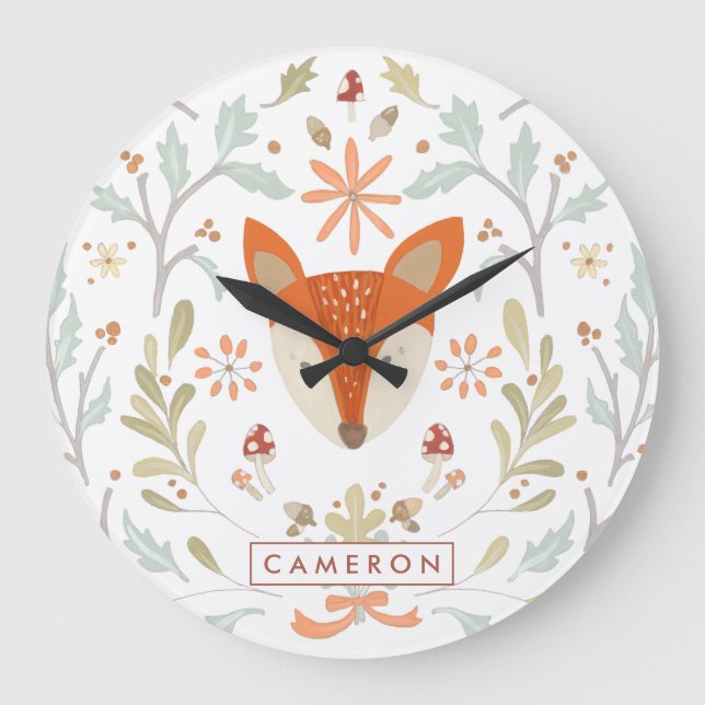 Grande Horloge Ronde Add Your Name | Whimsical Woodland Fox (Recto)