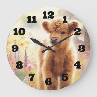 Grande Horloge Ronde Adorable Baby Highland Cow In Flower Field