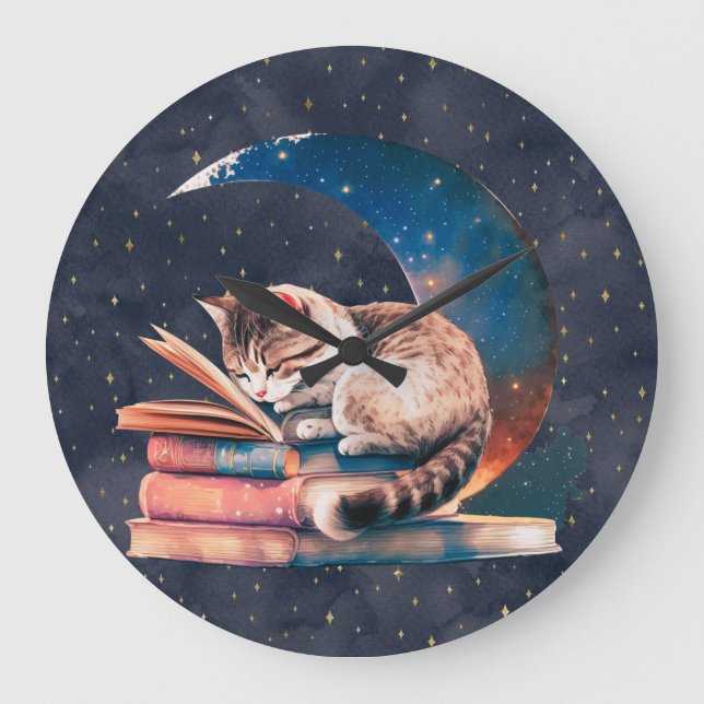 Grande Horloge Ronde Adorable Chat sur la Lune Lire un livre (Recto)
