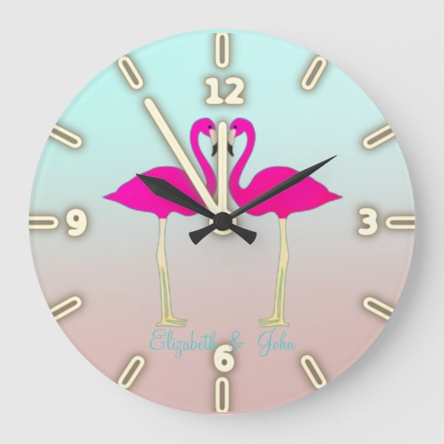 Grande Horloge Ronde Adorable Flamants roses Roses Dans L'Amour Personn (Recto)
