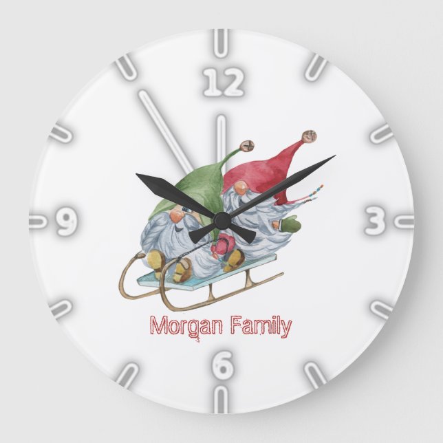 Grande Horloge Ronde Adorable Gnomes Whimsical Sleigh Noël (Recto)