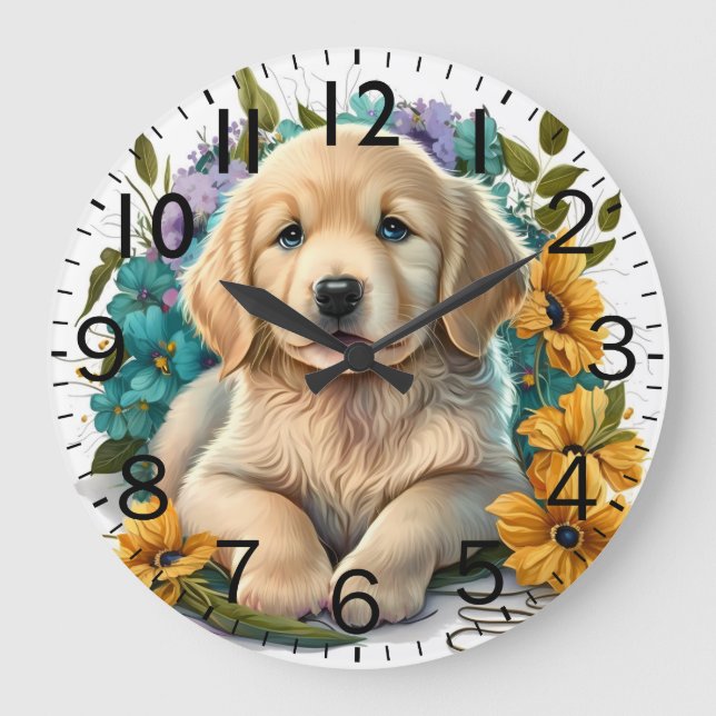 Grande Horloge Ronde Adorable Golden Retriever Puppy Dog (Recto)
