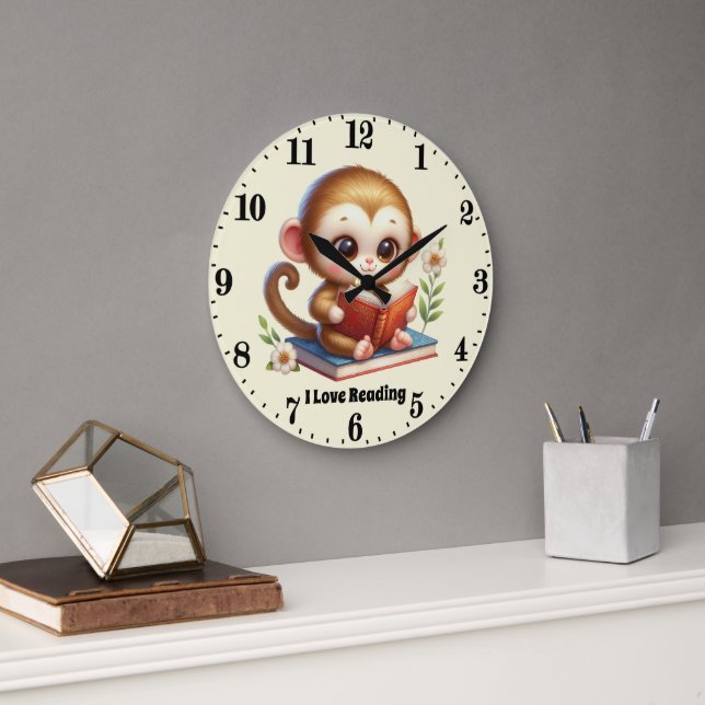 Grande Horloge Ronde adorable lecture singe ajouter du texte (Bureau)