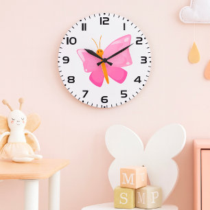 Grande Horloge Ronde adorable Papillon de dessin rose