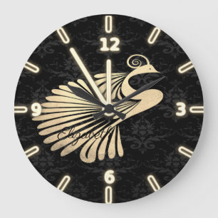 Grande Horloge Ronde Adorable Peacock or noir Damas - Personnalisé