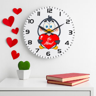 Grande Horloge Ronde Adorable Penguin Holding Be Mine Heart