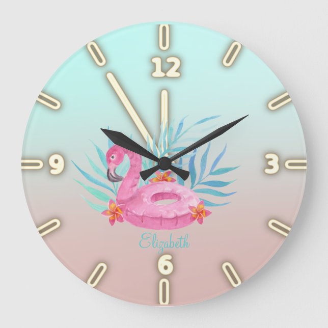 Grande Horloge Ronde Adorable Pink Flamingos Palm Leaves (Recto)