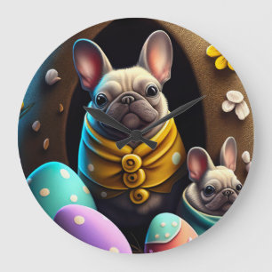 Grande Horloge Ronde Adorable Pug avec des œufs de Pâques Un thème fest