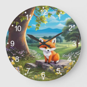 Grande Horloge Ronde Adorable Renard assis sous l'arbre
