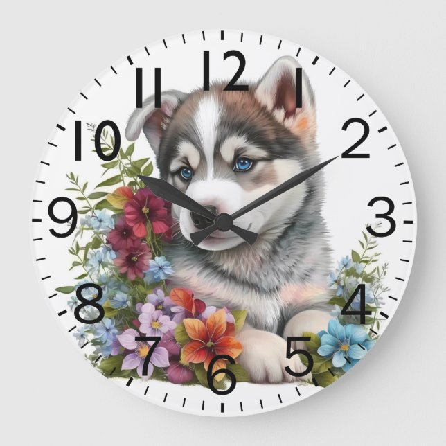 Grande Horloge Ronde Adorable Siberian Husky Puppy Dog (Recto)