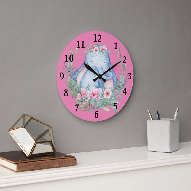 Grande Horloge Ronde Adorable Sleepy Elephant PInk Floral Baby Nursery (Bureau)