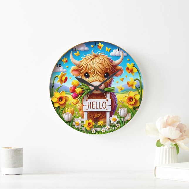 Grande Horloge Ronde Adorable vache Highland Spring Floral (Maison)