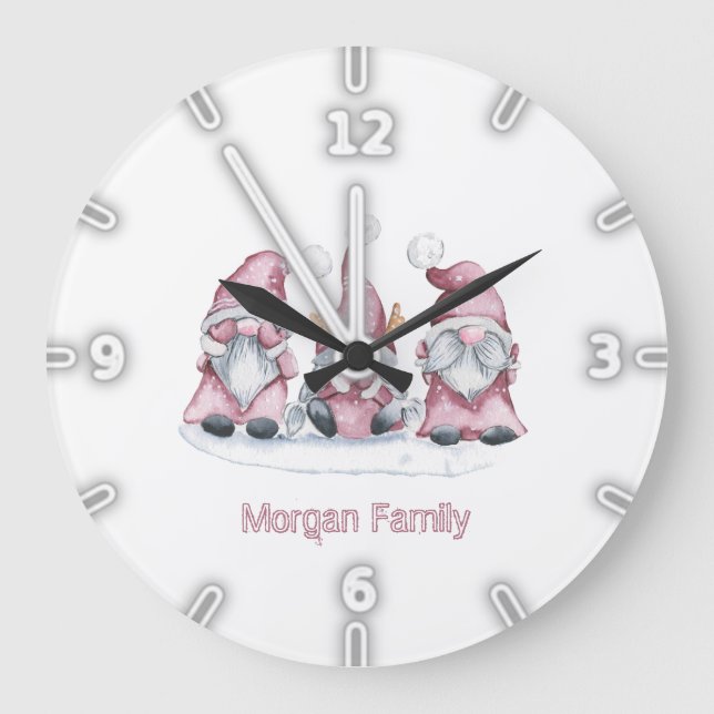 Grande Horloge Ronde Adorable Whimsical rose Gnomes Noël (Recto)