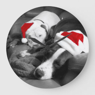 Grande Horloge Ronde adorables pitbull endormis Noël santa chiots