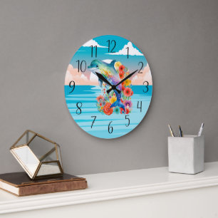 Grande Horloge Ronde adorateurs de dauphins de plage mignons