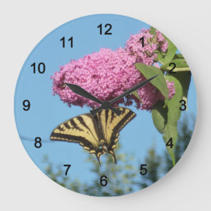 Grande Horloge Ronde Adulte de tigre jaune sur papillon rose Bush Fl