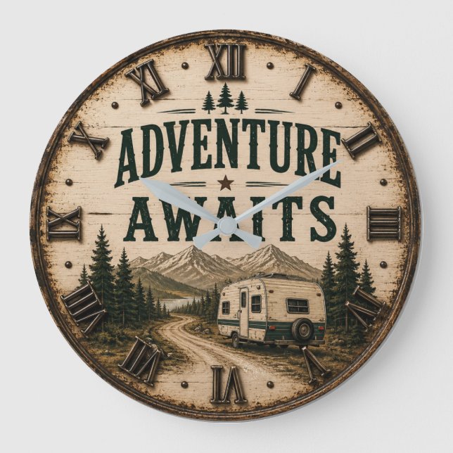 Grande Horloge Ronde Adventure Awaits Rustic Camper Camping Mountain (Recto)
