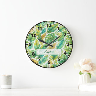 Grande Horloge Ronde Aesthetic Green Tropical Leaves Custom Name 