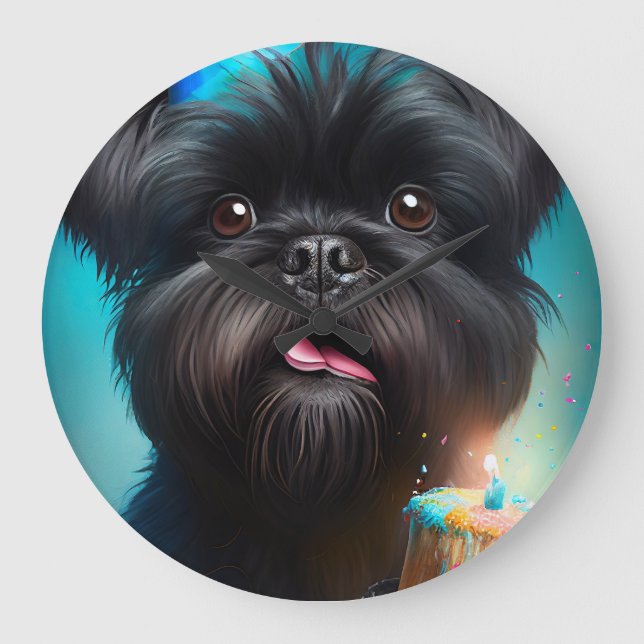 Grande Horloge Ronde Affenpinscher fête le gâteau des ballons d'anniver (Recto)