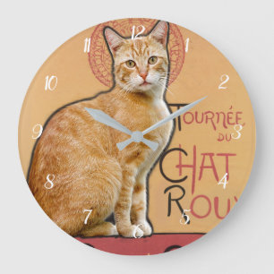 Grande Horloge Ronde Affiche de style vintage français Chat orange