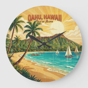 Grande Horloge Ronde Affiches de voyage hawaïennes vintage - Oahu
