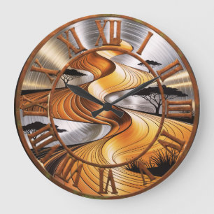 Grande Horloge Ronde African Safari Coucher de Soleil Métal Aspect Chif