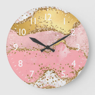 Grande Horloge Ronde Agate à paillettes or et rose