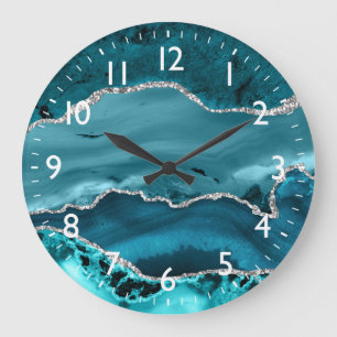 Grande Horloge Ronde Agate de marbre fausse brillance sarcelle et argen