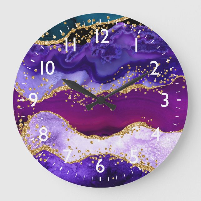 Grande Horloge Ronde Agate de Parties scintillant de Peacock violet et  (Recto)