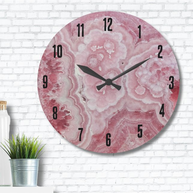 Grande Horloge Ronde Agate élégant Élégant rose (Trendy Stylish Modern Geode Stone Pink Large Clock)