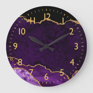 Grande Horloge Ronde Agate en marbre violet et or