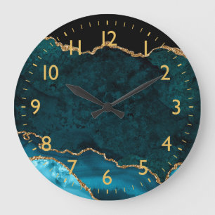 Grande Horloge Ronde Agate Marbré Bleu Canard et Or