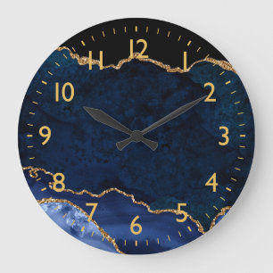 Grande Horloge Ronde Agate Marbré Bleu Nuit et Or
