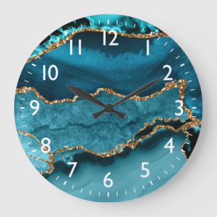 Grande Horloge Ronde Agate Marbre Paillettes Sarcelle et Or Faux