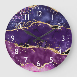 Grande Horloge Ronde Agate Paillettes Violet Foncé et Or