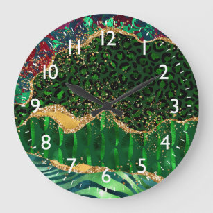 Grande Horloge Ronde Agate Poster de animal Safari vert