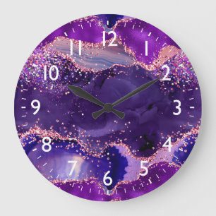 Grande Horloge Ronde Agate Sequins Pailletés Violet Foncé et Rose