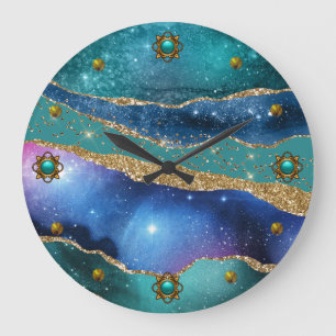 Grande Horloge Ronde Agate Turquoise bleu et or 