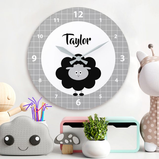 Grande Horloge Ronde Agneau noir blanc Kawaii Pouponnière Kid Nom du sc (Créateur téléchargé)