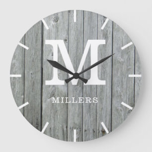 Grande Horloge Ronde Agritourisme rustique en bois gris Nom du monogram