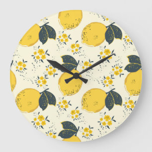 Grande Horloge Ronde Agrumes colorés, motif de fleurs de citron.