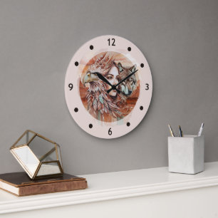 Grande Horloge Ronde Aigle - Femme - Loup - aquarelle art 1 - Amusants