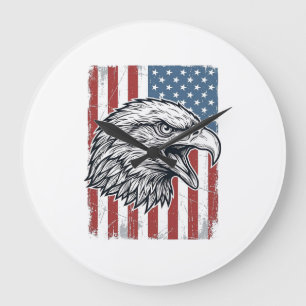 Grande Horloge Ronde Aigle Patriotique Drapeau Américain Gravure Vintag