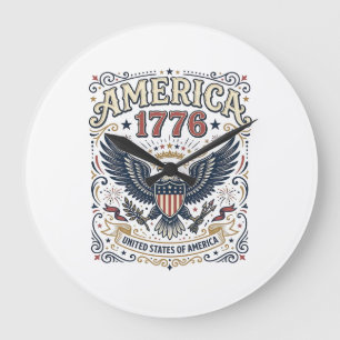 Grande Horloge Ronde Aigle Vintage Amérique 1776 Patriotique