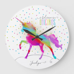 Grande Horloge Ronde Ajouter le nom Personnalisé Rainbow Unicorn Gold P