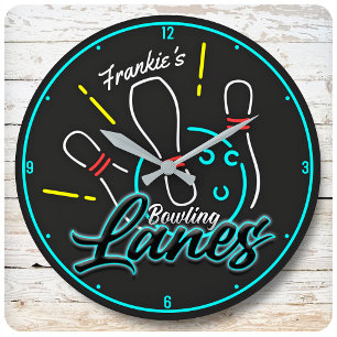 Grande Horloge Ronde AJOUTER UN NOM PERSONNEL Voies de Bowling Rétro