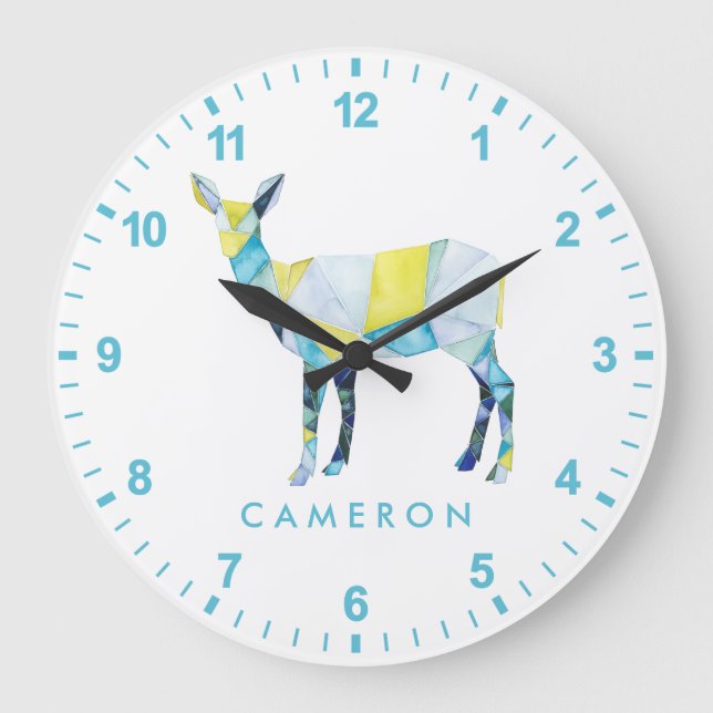 Grande Horloge Ronde Ajoutez votre nom | Animal de cerfs géométrique (Recto)