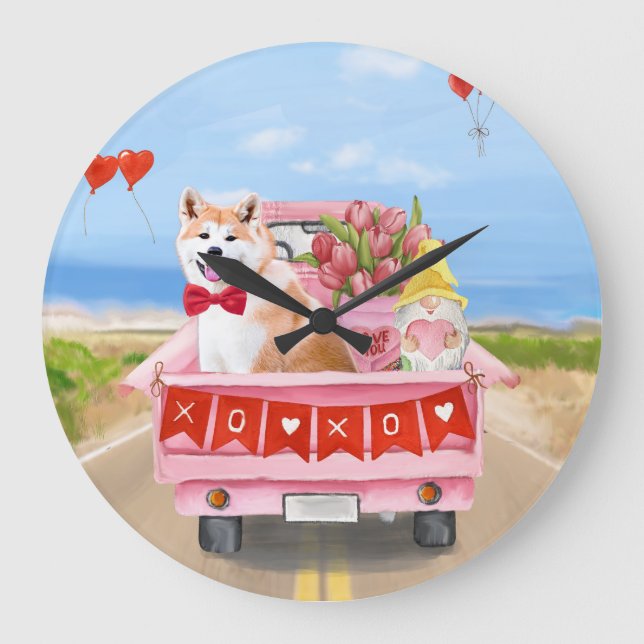 Grande Horloge Ronde Akita Chien Saint Valentin Coeurs de Camion (Recto)