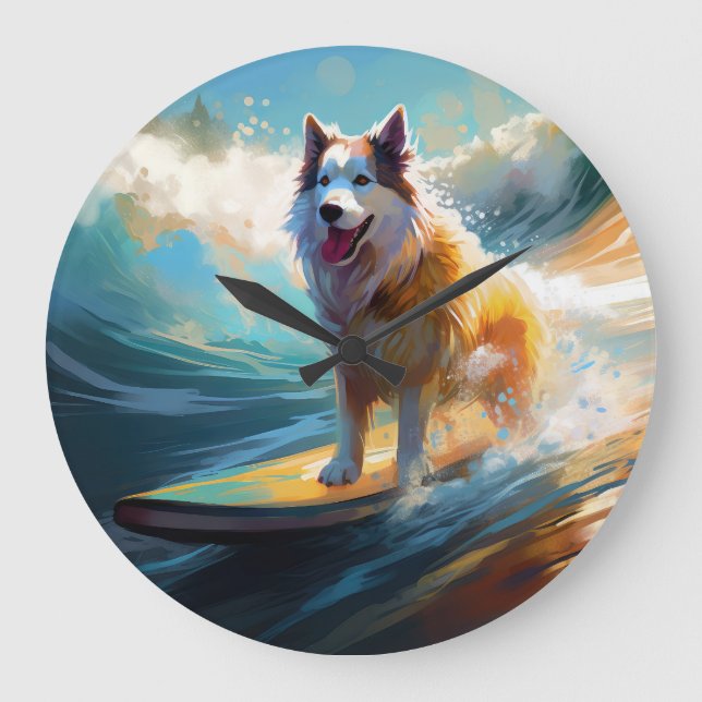 Grande Horloge Ronde Alaskan Malamute Beach Surf Peinture (Recto)