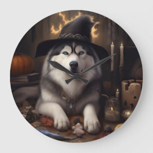 Grande Horloge Ronde Alaskan Malamute Citrouilles Halloween effrayant